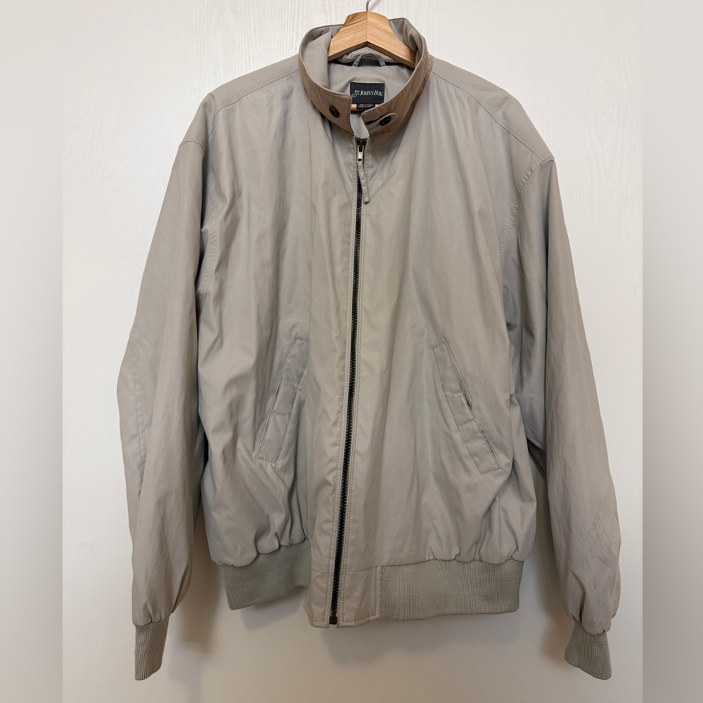 St. John's Bay Light Gray Bomber Jacket with Tan Contrast Collar